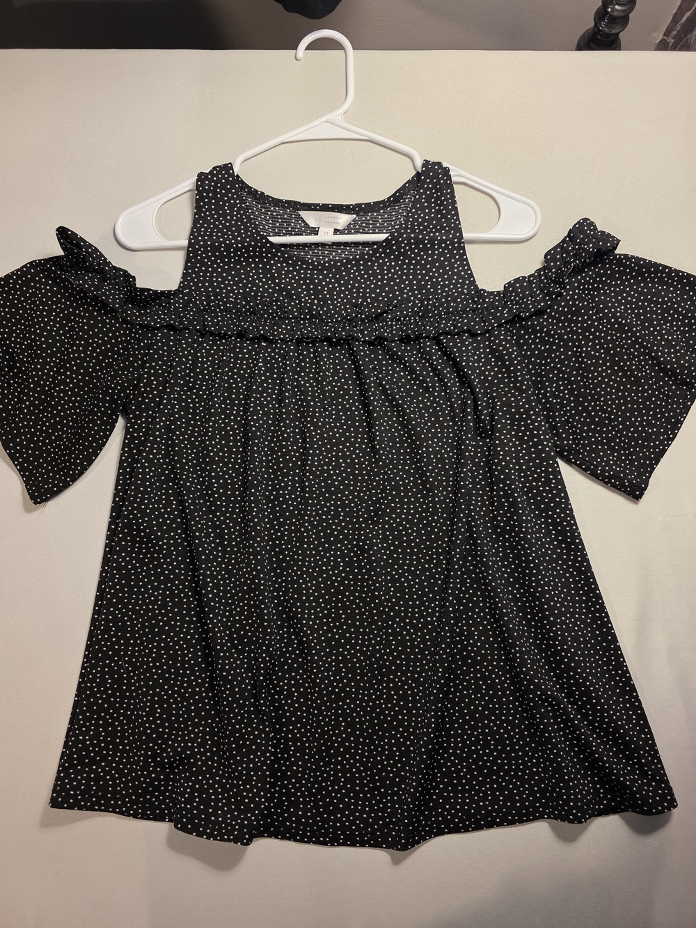 LC Lauren Conrad Black and White Polka Dot Cold-Shoulder Ruffle Tunic